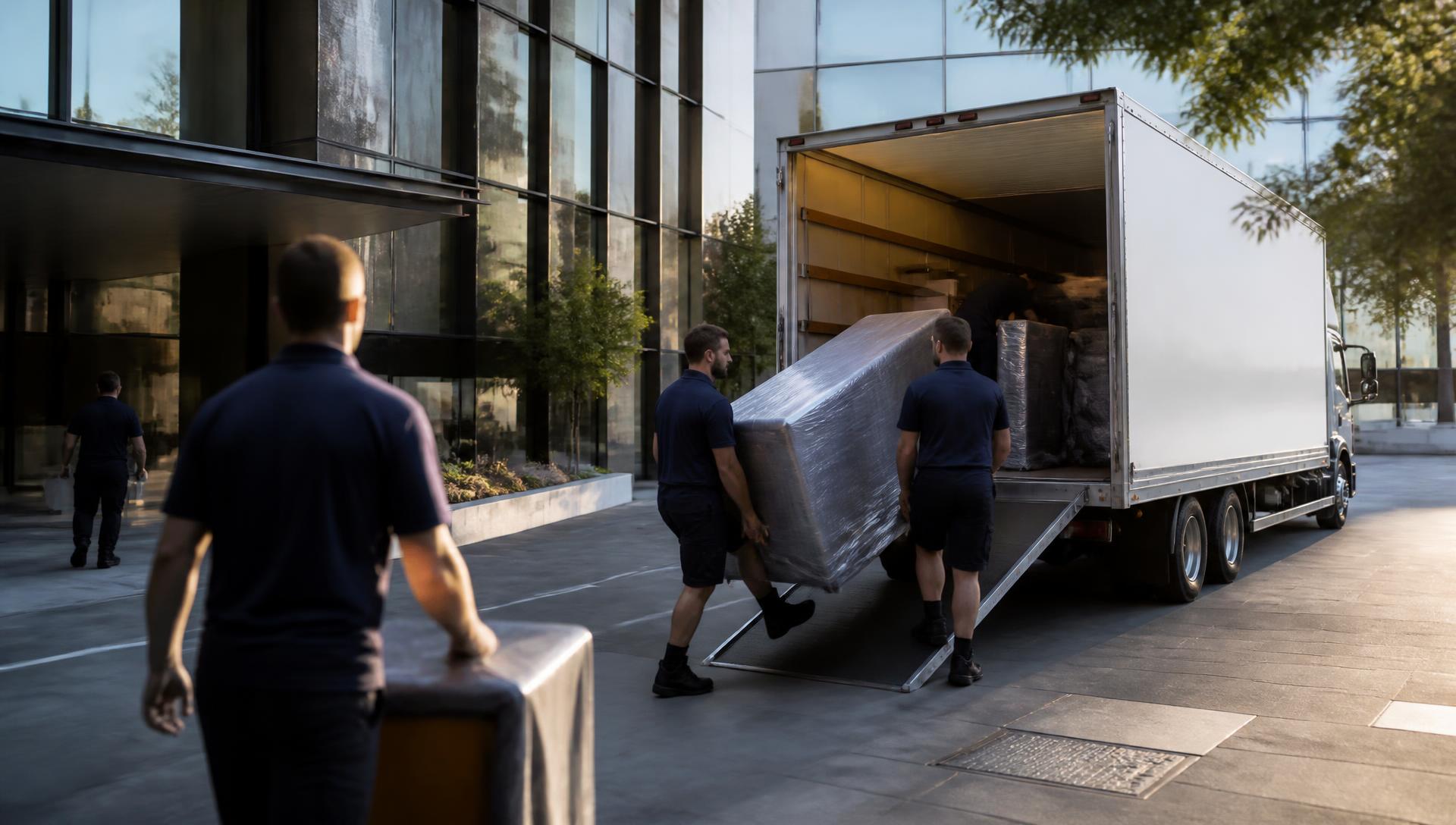 Transpac crew loading wrapped furniture into a removal truck outside a commercial building