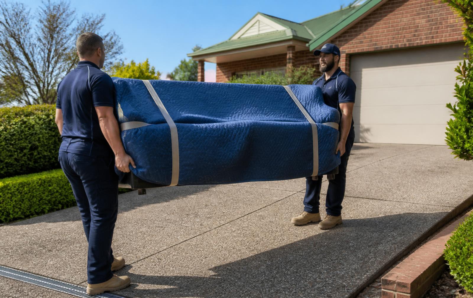 Removalists carrying a blanket-wrapped sofa from a Perth home